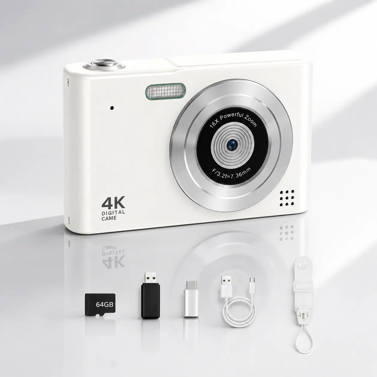 Digital Camera, 44MP Full HD 1080P Point and Shoot Camera with 64GB Card, Anti Shake 16X Zoom Compact Volg Cameras, Portable Small Camara Gift for Kids, Ages Teen Girl Boy - White