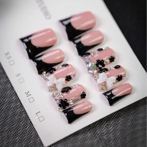 10pcs Y2K Style Kawaii Nails White Bow Short Duck Nails, Handmade Black Edged French Tips Press-On Nails With Bow, Rhinestone Accents, Press On Nails Design, For Daily, School, Or Office, Great Gift For Women And Girls