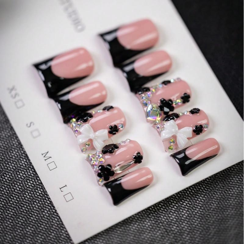 10pcs Y2K Style White Bow Short Duck Nails, Handmade Black Edged French Press-On Nails With Bow, Flower, And Rhinestone Accents, Rhinestone Bow Decorated In Indie Aesthetic, For Daily, School, Or Office, Great Gift For Women And Girls