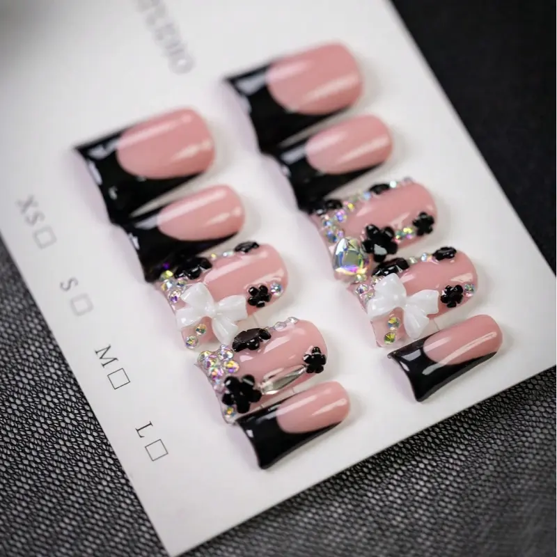 10pcs Y2K Style White Bow Short Duck Nails, Handmade Black Edged French Press-On Nails With Bow, Flower, And Rhinestone Accents, Rhinestone Bow Decorated In Indie Aesthetic, For Daily, School, Or Office, Great Gift For Women And Girls