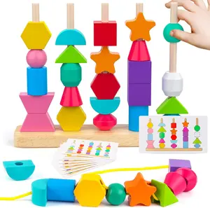 Wooden Beads Sequencing & Stacking Toy Set for Kids – Montessori Lacing Beads, Shape Sorter & STEM Learning Toys for Toddlers Ages 3-5