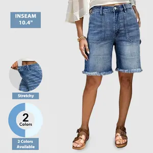 Flamingals Womenswear Wash Raw Hem High Waist Denim Bermuda Shorts Casual Comfort