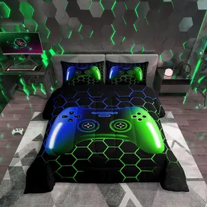 Feelyou Breathable Soft Blanket Queen Comforter Set - Black Honeycomb, Geometric Plaid Gaming Bedding Set for Gamers with Video Game Console, Gamepad Themes