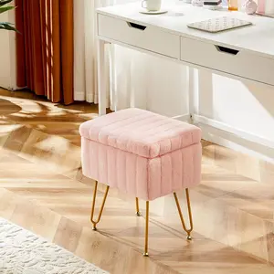 Vanity Stool Chair, Ottoman with Storage, Makeup Cute Soft Small Footstool, Modern Style Faux Fur Seat with 4 Metal Legs & Adjustable Feet for Dressing, Living Room, Bedroom, Dorm