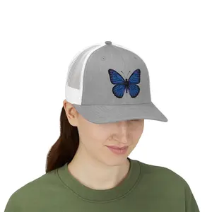 Heather Grey/White - Blue Butterfly Snapback Trucker Cap, Fashionable Hat for Outdoor Events, Gift for Nature Lovers, Casual Wear, Birthday Present