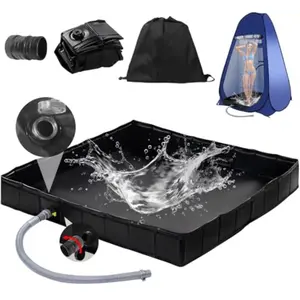 Portable foldable camping shower basin with drain tube and clamp — heavy-duty PVC shower tray, space-saving foldable design, no tent setup required—ideal for camping, RVs, outdoor activities, pet bathing, and fishing