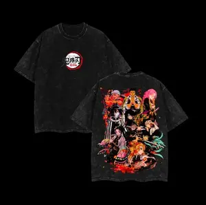 Vintage Wash Demon Slayer Hashira Group T-Shirt - Full Back Graphic Anime Shirt, Kimetsu No Yaiba Washed Cotton Tee, Retro Manga Streetwear, Premium Gift for Anime Fans, Heavyweight Oversized Top