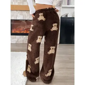 Women's Casual Cartoon Bear Pattern Drawstring Waist Teddy Fleece Long Pants, Autumn/Winter
