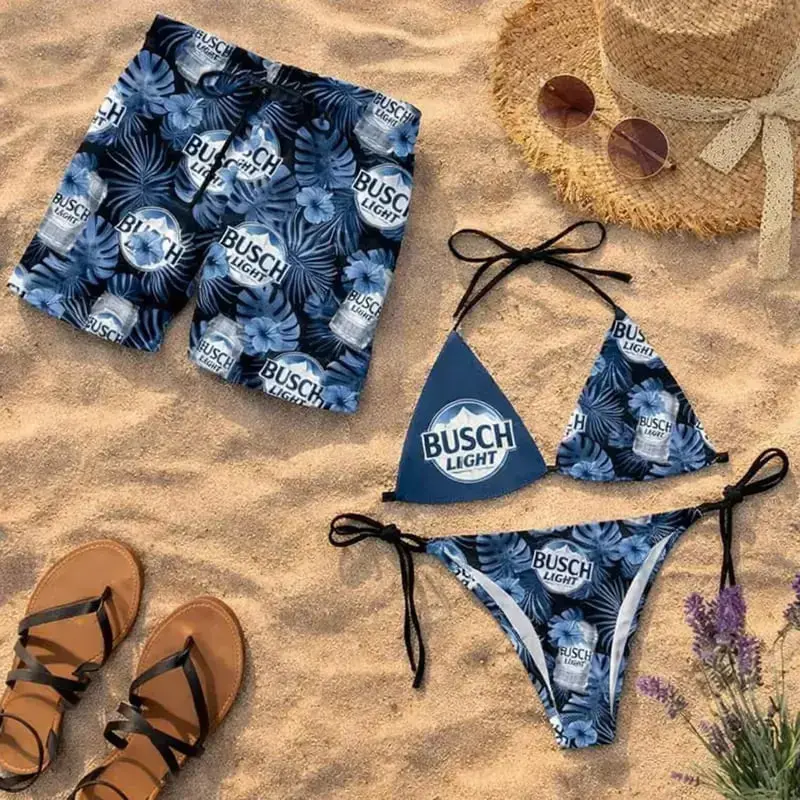 Busch Light Apple Matching Swimsuit Set, Busch Light USA Bikini& Short Matching Couple, Patriotic Couple Bikini, USA Flag Swim Trunks, Summer Beachwear Outfit