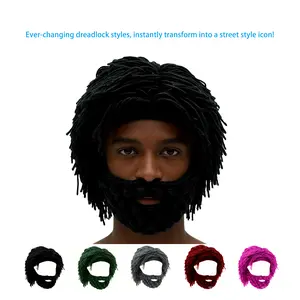 Acrylic Punk Style Beanie with Attached Straight Hair Wig and Knitted Beard, Fun Party Ski Mask Hat for Halloween, Christmas, and Holiday Celebrations