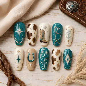 Western Cowgirl Press On Nails 3D Turquoise Cowboy Cow Print Rodeo Country Y2K