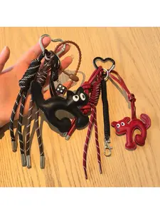 Cute Cartoon Big Eye Cat PU Keychain, Miu Style Couple Bag Charm with Woven Strap