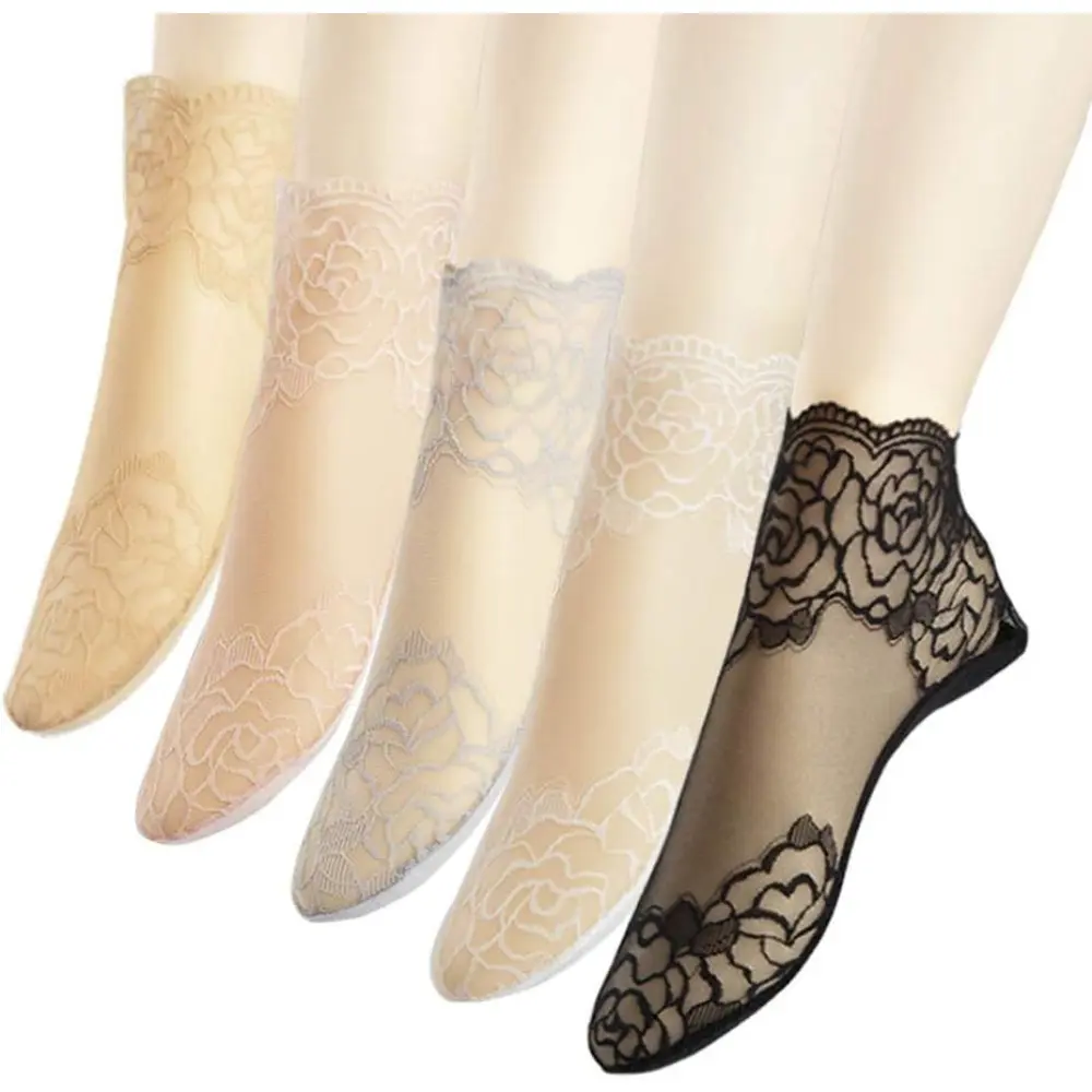 5Pairs Women's Sheer Lace Fishnet Mesh Loose Compression Socks, Non-Slip Grip Breathable Cotton Ankle Socks for Pilates, Breathable Fabric Socks tiktokshopspringglowup outdoorfun