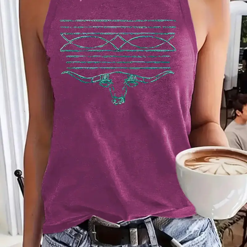 Casual Elegant Sleeveless Summer Vest, Breathable Tank Top for Women, Sleeveless Tank Tops, Loose Fitting Lightweight with Cow Print Design, Round Neck Knit Fabric Top in S-Xxl Sizes