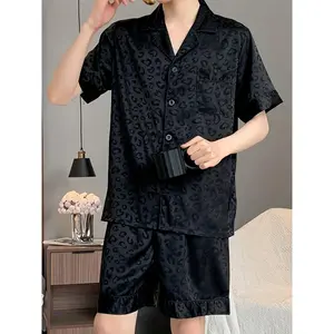 Men'S Summer Floral Pajama Set, Casual Short Sleeve Polyester Sleepwear with Lapel Collar, Button Detail, Regular Fit, Woven Fabric, 97% Polyester 3% Elastane - Black