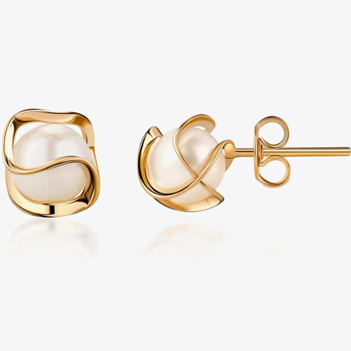 14K Gold Plated Cage Pearl Stud Earrings, 6mm, Round Cage Small Pearl Earrings, Fashionable Hypoallergenic for Women, Gold Earrings Jewelry Gift