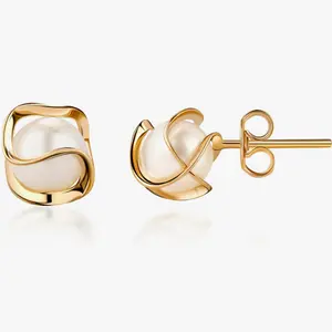 14K Gold Plated Cage Pearl Stud Earrings, 6mm, Round Cage Small Pearl Earrings, Fashionable Hypoallergenic for Women, Gold Earrings Jewelry Gift