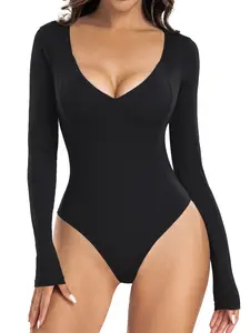 SeSe Code Women's Sexy Bodysuit V-Neck Seamed Cup Bodysuits Long Sleeve Womenswear Going Out Tops Underwear Lady