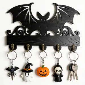 Wooden Bat-Shaped Wall Key Holder & Coat Hook — Vintage-Style Storage Rack, Halloween Animal-Themed Key Organizer (11 x 7 Inches) ,Wall Art Decor, Black Key Rack with 5 Metal Hooks — Ideal as a Gift, for Entryway Decor, or for Hanging Bags, Towels, etc