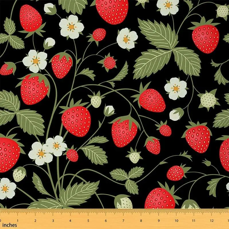 Strawberry Fabric by The Yard,2 Yard,Kawaii Botanical Strawberry Leaf Printed Upholstery Fabric,Cute Natural Floral Flower Pattern Waterproof Fabric, Polyester, Home Decoration