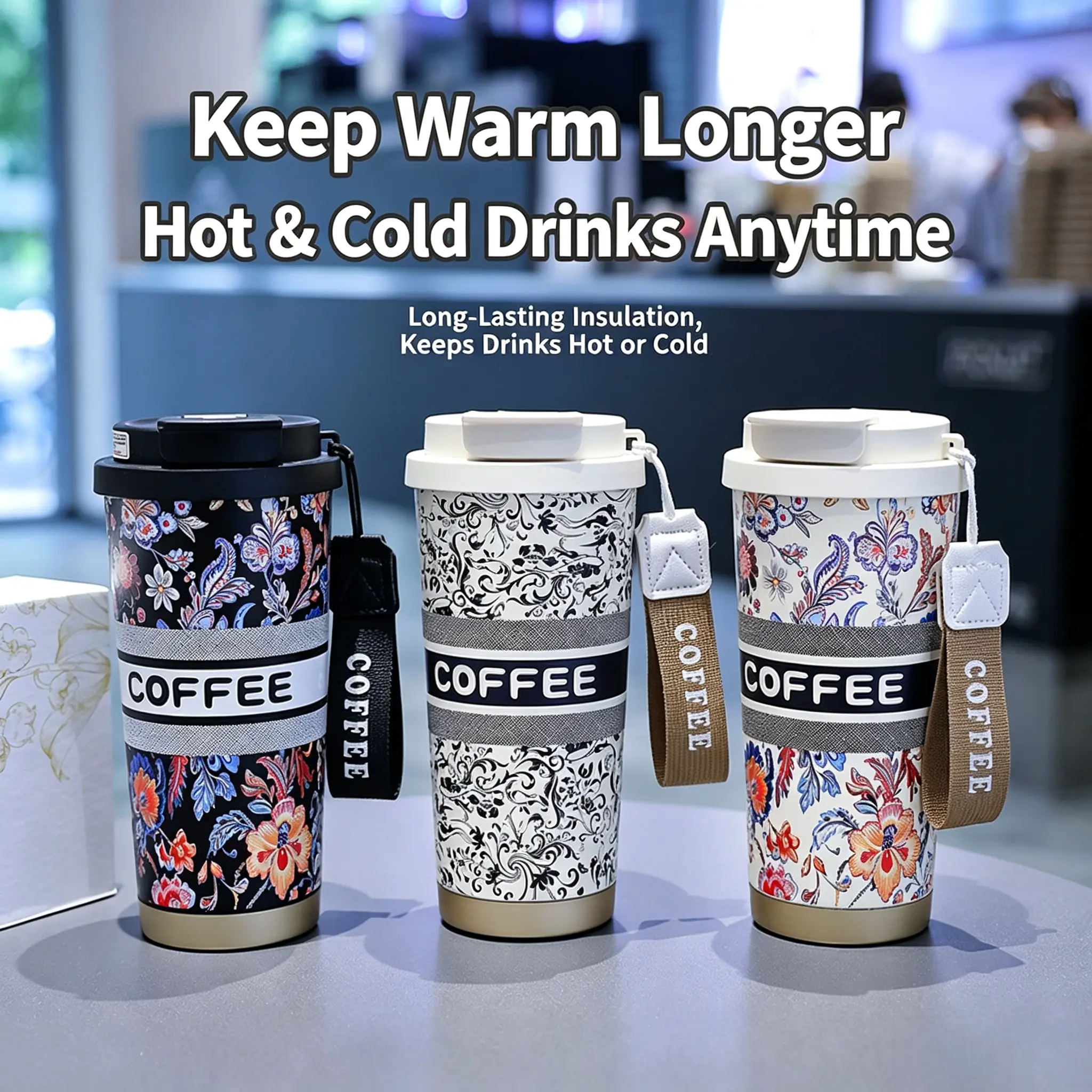 Insulated Coffee Travel Mug with Tea Strainer, Leakproof Stainless Steel Tumbler with Handle & Strap, Portable Reusable Cup for Hot & Cold Drinks