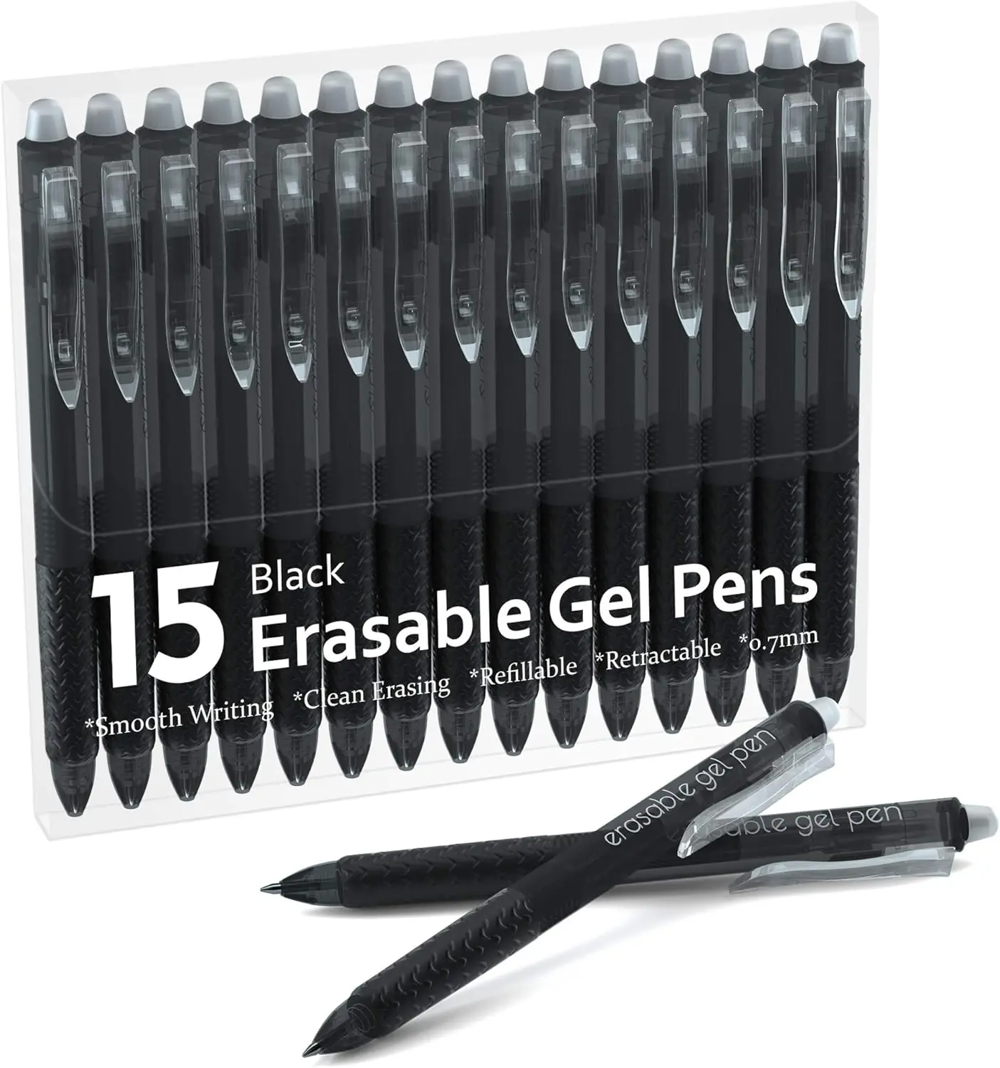 Erasable Gel Pens & Refills (15-Pack Black Retractable Clicker) - Fine Point, Smooth Gel Ink, No Fading, No Leakage, Black Writing Tools for Planners & Crossword Puzzles