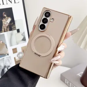 High-End Ag Matte Electroplated Dual Axis Protective Phone Case Cover for Samsung Galaxy Z Fold7/6/5/4, 360° Rotating Stand, Wireless Charging Support