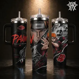 Pain NRT Shippuden Tumbler 40oz Akatsuki Red Cloud Travel Mug Stainless Steel Insulated Water Bottle with Handle & Straw Gift for Anime Fans Manga Lovers Yahiko Rinnegan Cool Birthday Gift