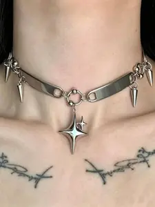 Silver Color Glossy Metal Starburst Pendant Necklace, Subculture Jewelry, Stylish Accessory for Trendsetters, Unique Fashion Statement