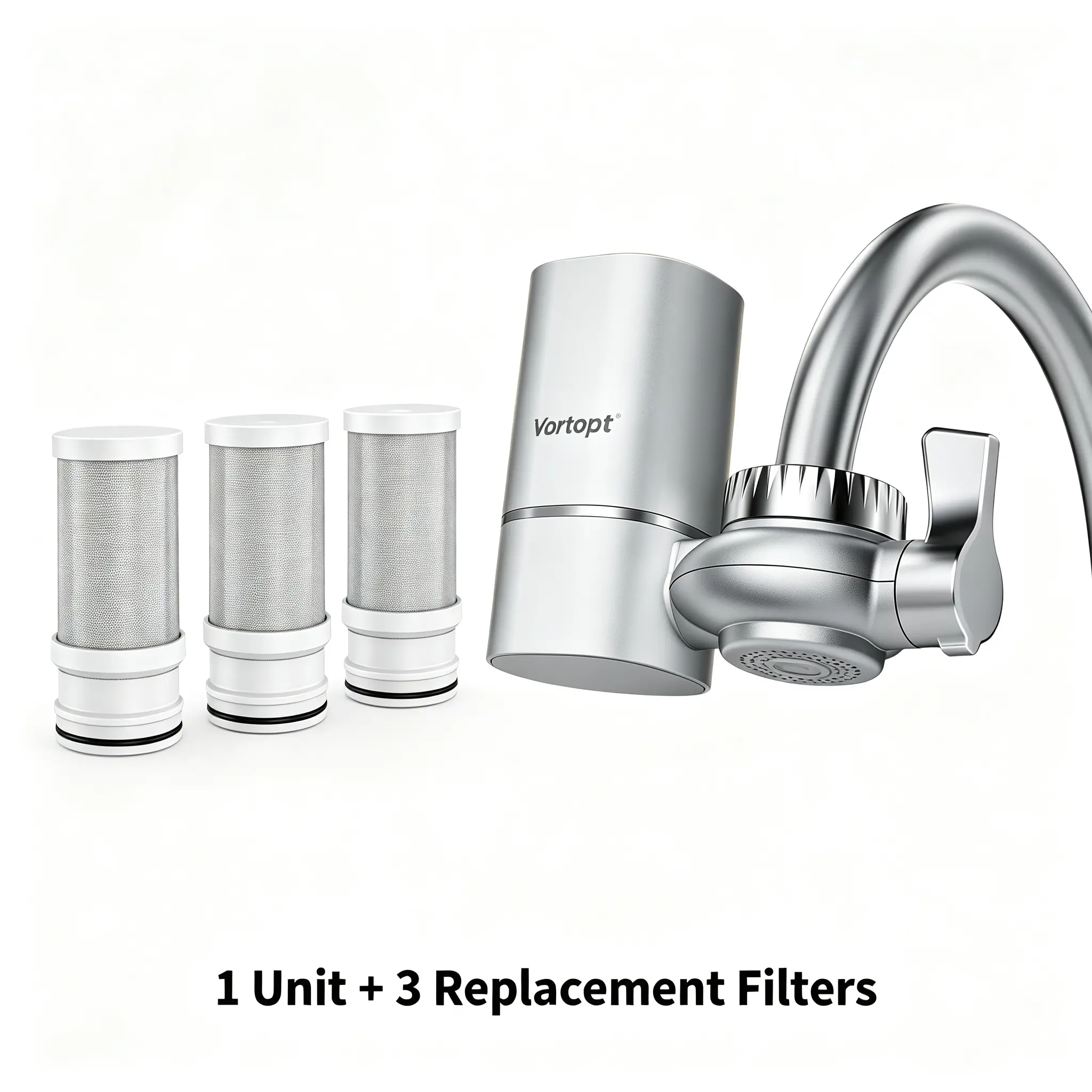 Vortopt Faucet Mount Water Filter System - 1 Unit with 3 Replacement Filters for Home Use to Improve Drinking Water Quality