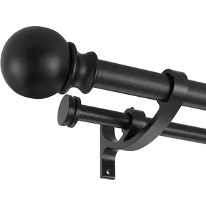 Double Curtain Rods with Aluminum Bouquet Brackets and Round Finials,Matte black Curtain Rods for Windows 28 to 48 inch,1-Inches Front and 5/8 Inches Back Double Window Drapery Rod