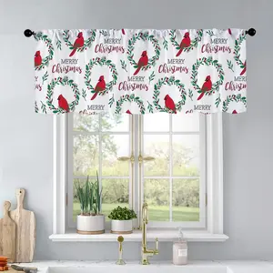 1pc Christmas and New Year printed kitchen curtains Christmas Wreath with Red Cardinal birds curtains valance window treatment living room bedroom home decor 54 x 18 inch