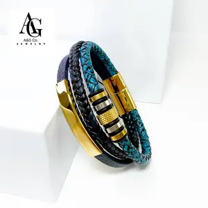 A&G Co. Men's Braided PU Leather Bracelet with Gold-Tone Stainless Steel Magnetic Buckle - 21 cm, Lightweight & Durable, Black/Gold Color, Perfect Gift