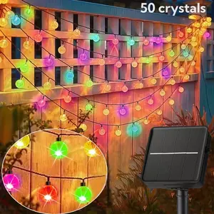 Solar Powered Crystal String Lights, 22.9ft 50 LED Crystals, 8 Flash Modes, Modern Style, Plastic Material, Switch Control, Garden & Christmas Decor