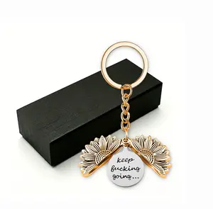 Keep Going Sunflower Keychain, Openable Engraved Locket Keyring, Motivational Sarcastic Encouragement Gift for Women Men Friends, Funny Inspirational Bag Charm for Birthday Christmas