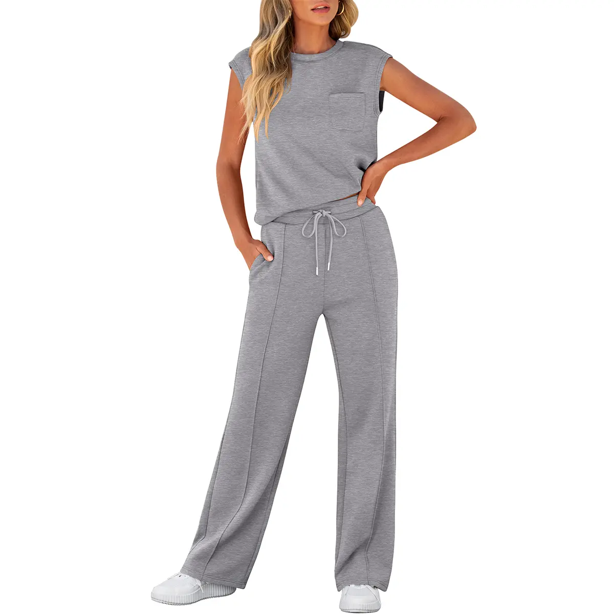 ANRABESS Women's Summer 2 Piece Outfits Casual Sleeveless Sweatsuits Matching Wide Leg Tracksuits Lounge Sets Women Basic Vacation Outdoor Outfit Sets Womenswear Fitness