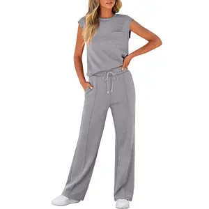 ANRABESS Women's Summer 2 Piece Outfits Casual Sleeveless Sweatsuits Matching Wide Leg Tracksuits Lounge Sets Women Basic Vacation Outdoor Outfit Sets  Womenswear