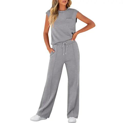 ANRABESS Women's Summer 2 Piece Outfits Casual Sleeveless Sweatsuits Matching Wide Leg Tracksuits Lounge Sets Women Basic Vacation Outdoor Outfit Sets  Womenswear Fitness