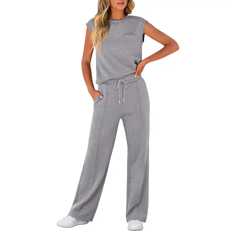 ANRABESS Women's Summer 2 Piece Outfits Casual Sleeveless Sweatsuits Matching Wide Leg Tracksuits Lounge Sets Women Basic Vacation Outdoor Outfit Sets  Womenswear Fitness
