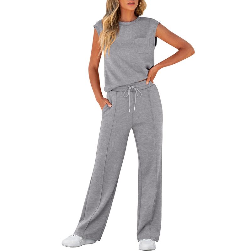 ANRABESS Women's Summer 2 Piece Outfits Casual Sleeveless Sweatsuits Matching Wide Leg Tracksuits Lounge Sets Women Basic Vacation Outdoor Outfit Sets  Womenswear