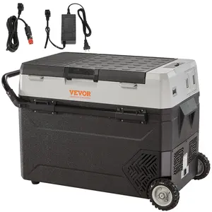 VEVOR 12 Volt Car Refrigerator Fridge with Wheels & Side Pull Rod Easy to Carry, Max 58 QT/55 L Dual Zone Portable Freezer, -4℉-50℉ Adjustable Range, 12/24V DC and 100-240V AC Compressor Cooler