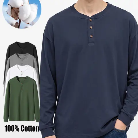 Men’s autumn and winter long-sleeved T-shirt top with a crew neck and button design, loose and versatile, casual, 100% pure cotton fabric, skin-friendly, comfortable, suitable for daily commuting and leisure activities.
