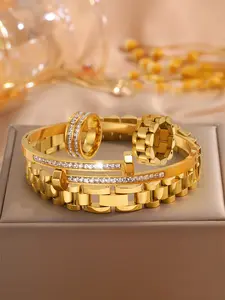 4-piece elegant and luxurious stainless steel bracelet and ring set, suitable for both women and men, durable and trendy accessories for daily travel