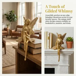 Golden Sitting Fairy Resin Statue, Beaded Textured Angel Decor, Luxury Shelf Sitter Figurine, Modern Home Accent, modern home decoration, Tabletop Ornament, Figurines Decor, Decorative Home Ornament