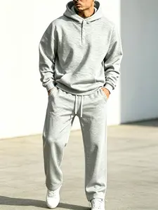 Men's fleece-lined warm tracksuit, hooded pullover sweatshirt + casual versatile trousers, unisex casual sportswear, loose-fitting fleece-lined hooded trousers, outdoor sportswear set.