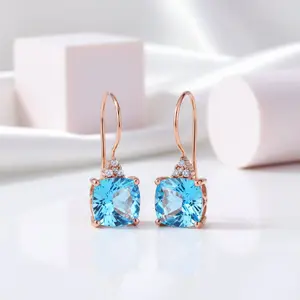 14k Rose Gold Cushion Swiss Blue Topaz with 0.07ct Natural Diamond Options Earrings