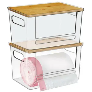 2 Pack Acrylic Trash Bag Dispenser with Bamboo Top – Extra Large Under Sink Garbage Bag Holder for Kitchen, Cabinet, Laundry Room, Pantry Organizer and Storage