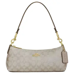 COACH Charlotte 26 Metallic Logo Zip Top Handle Crossbody Shoulder Bag for Women, Coated Canvas, Champagne