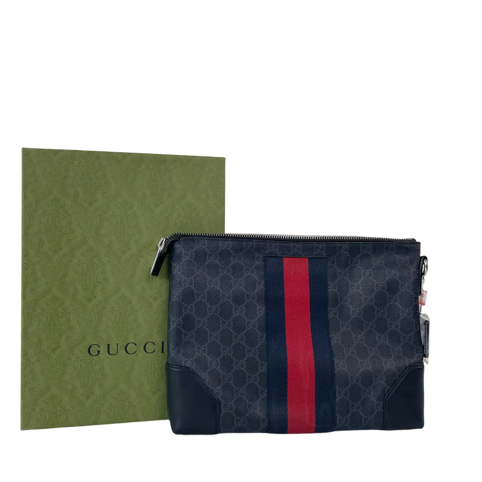 Pre-owned GUCCI Black-gray GG Supreme monogram-coated canvas Messenger Bags GJI Supreme Web Stripe Clutch+little charm++