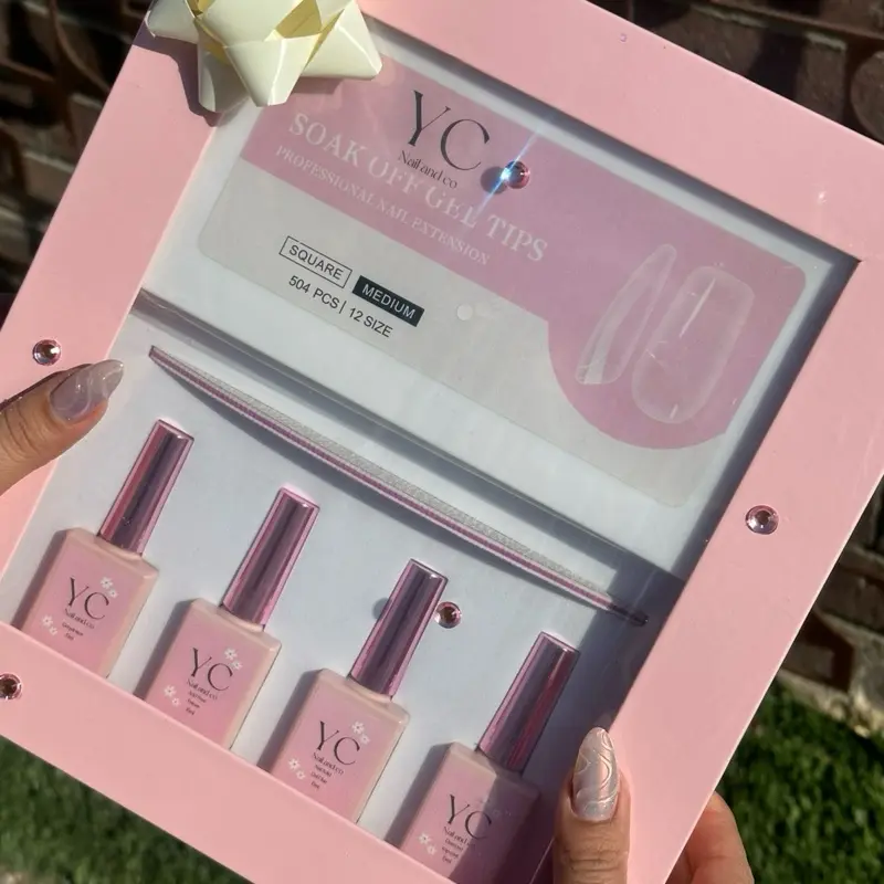 YC Gel-x Kit - Soak Out Gel Tips Square Medium Size 504 PCS Nail Extension Set with Pink Packaging